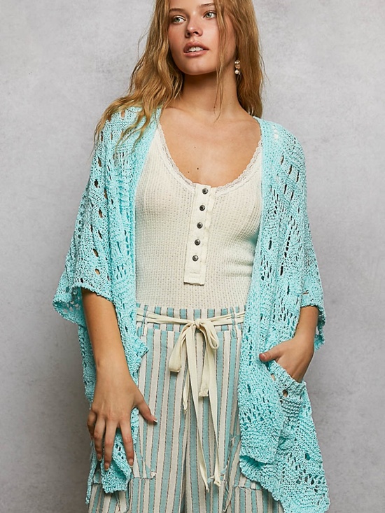 POL Sweaters - POL Teal Blue Crochet Pockets Open Front Loose Fit cardigan